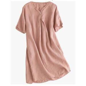 Boutique Linen V Neck T Shirt Dress Boho Tunic Minimalist Oversized 2XL